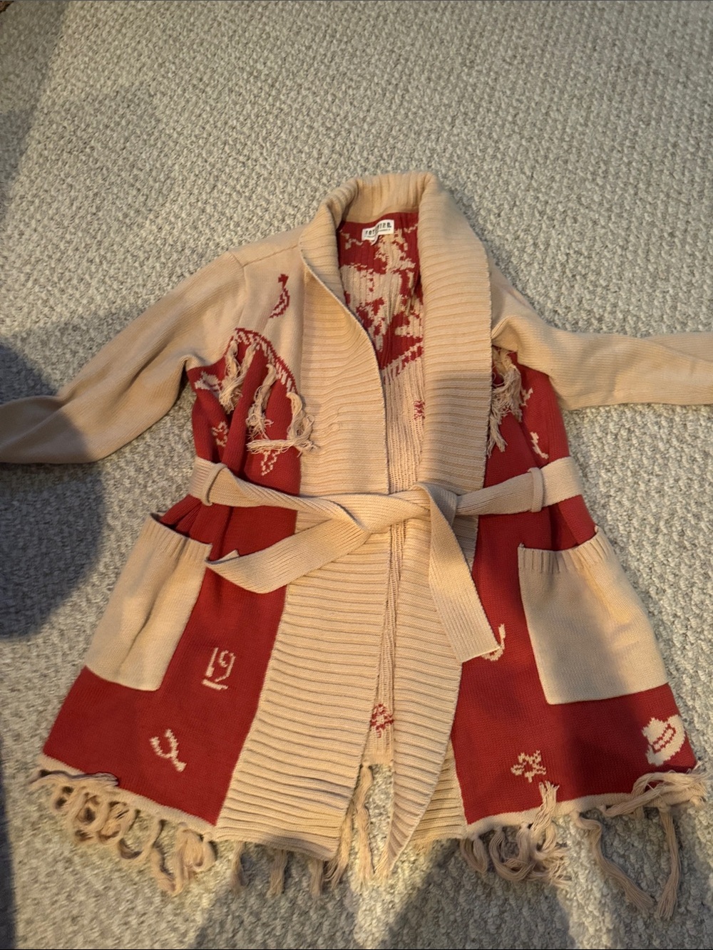 Beige and Rust Fringe Belted Cardigan Sweater